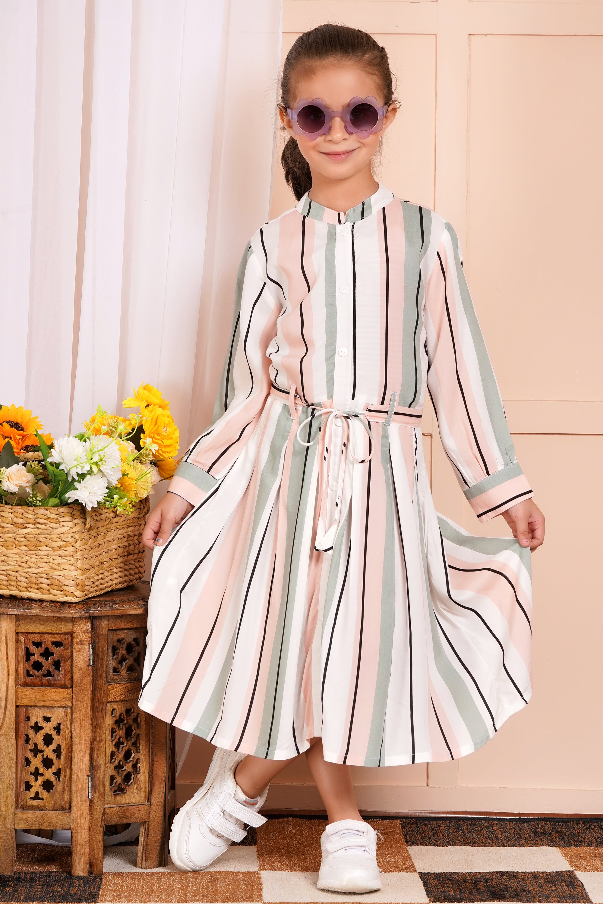 Pastel Pinstripe Belted Girl's Dress