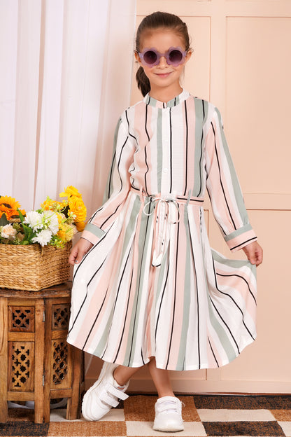 Pastel Pinstripe Belted Girl's Dress