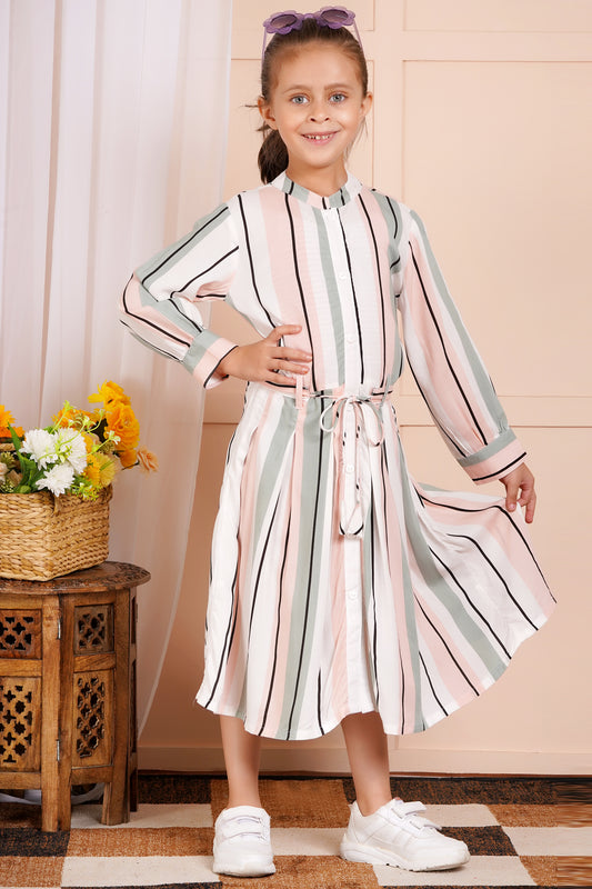 Pastel Pinstripe Belted Girl's Dress