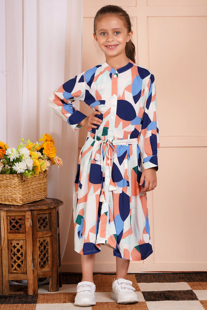 Abstract Print Belted Girl's Dress