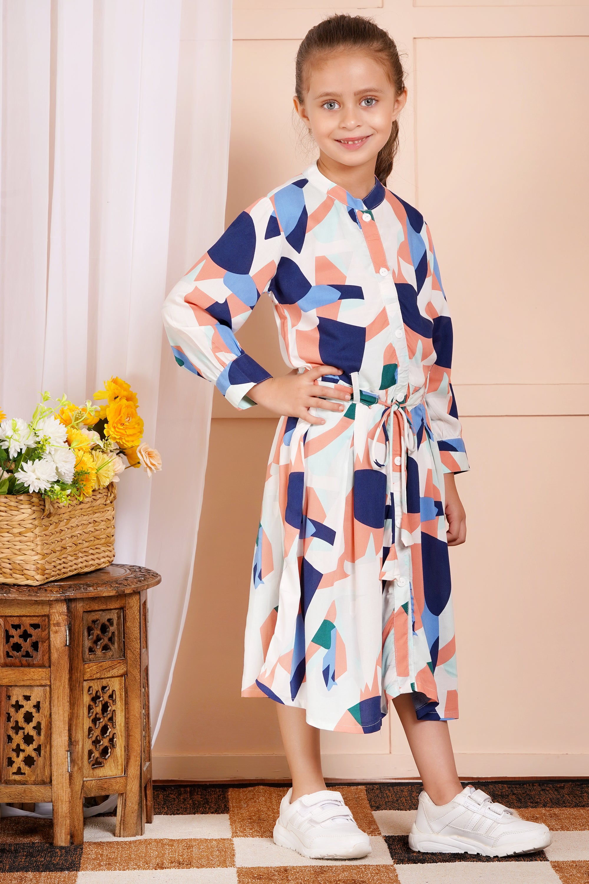 Abstract Print Belted Girl's Dress