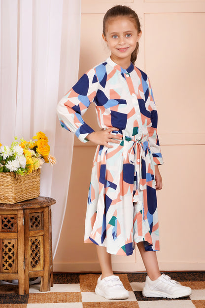 Abstract Print Belted Girl's Dress