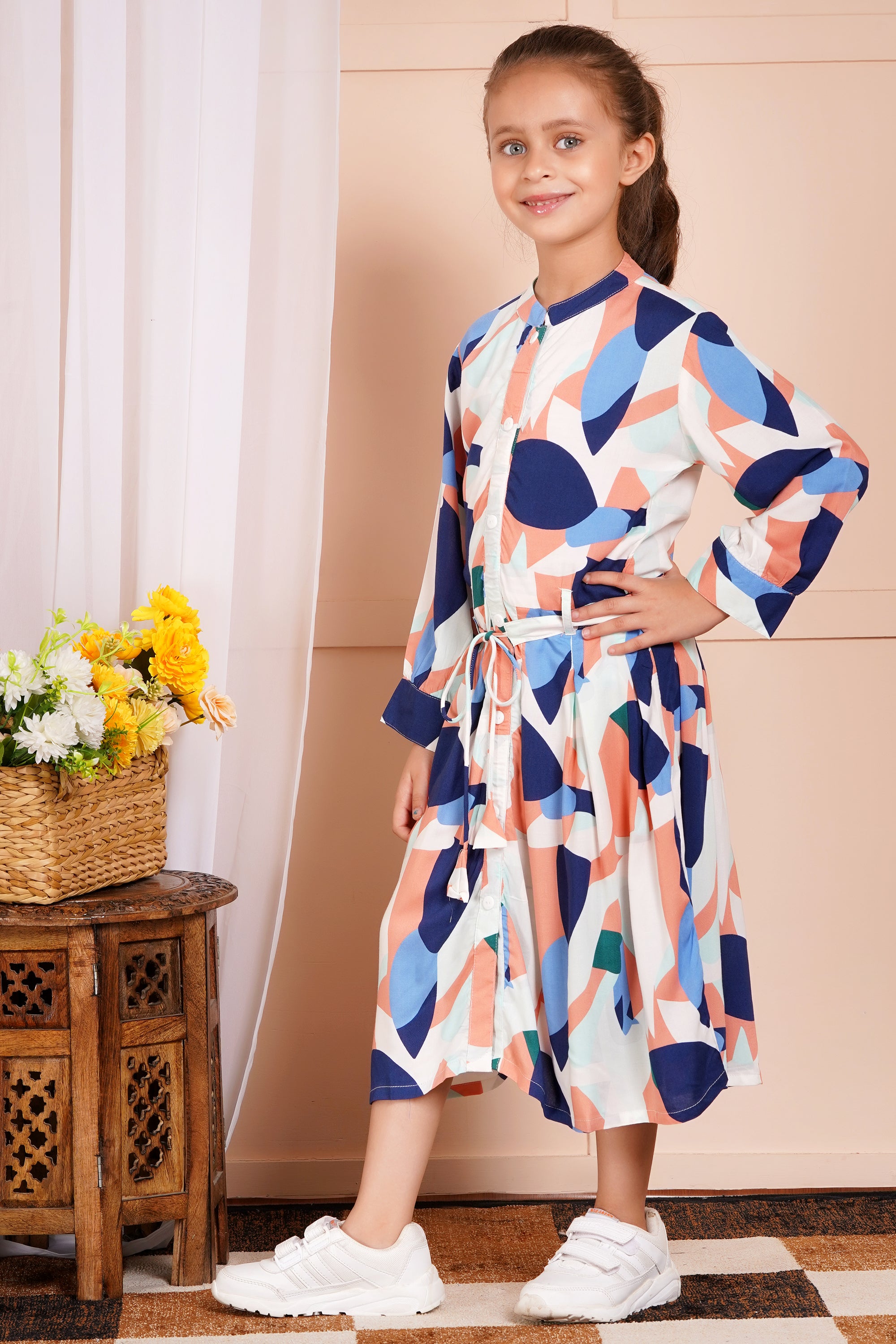 Abstract Print Belted Girl's Dress