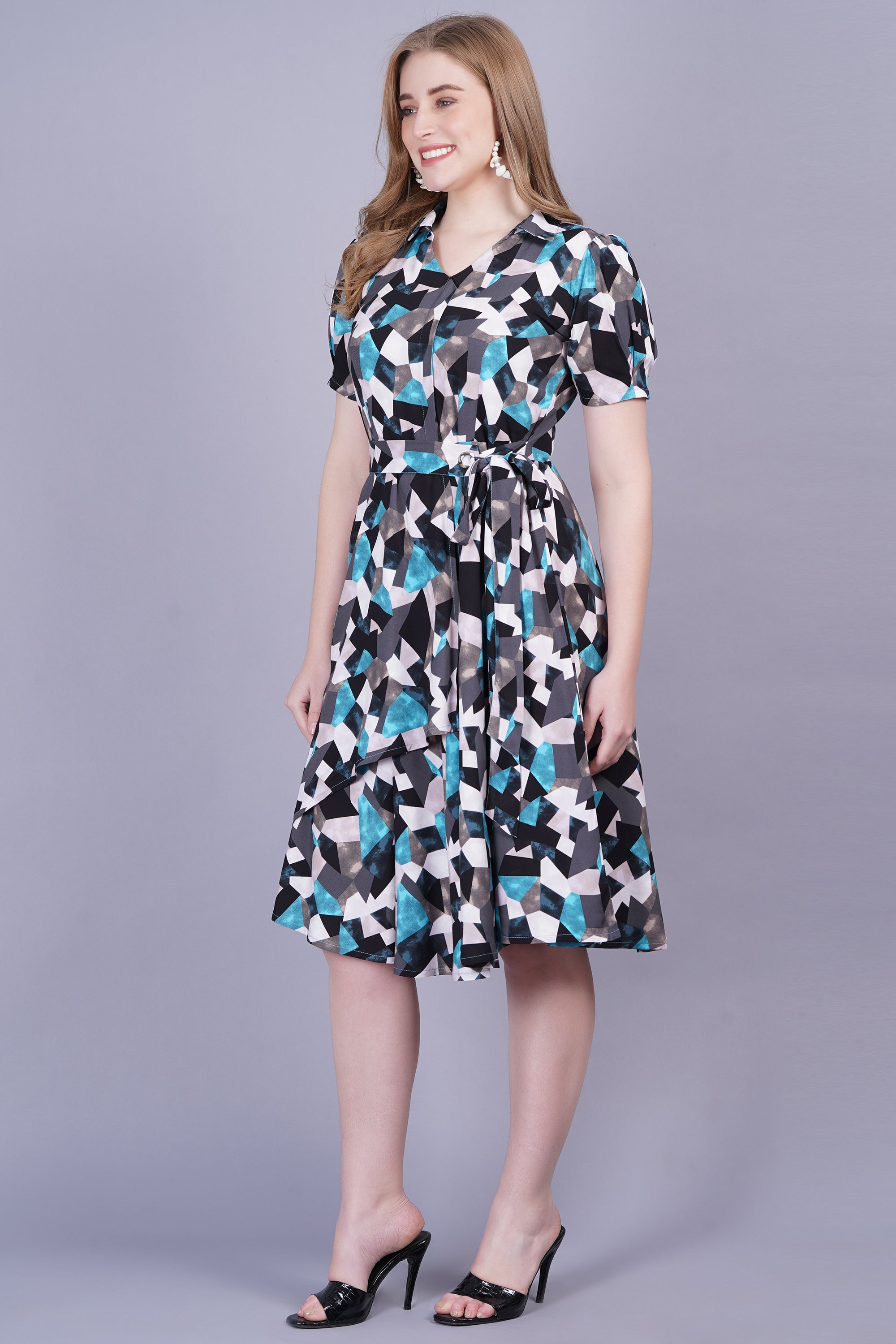 Blue Abstract Wrap-on Side Belt Dress