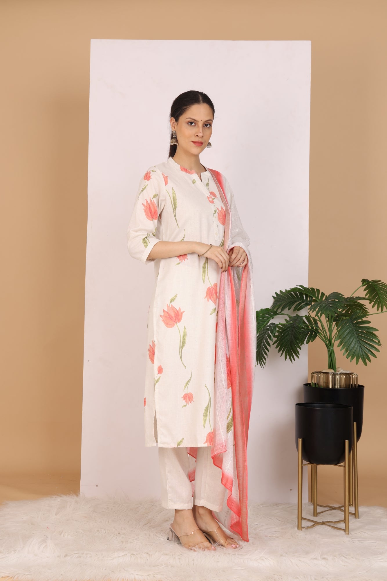 Peachy Floral Pant Set with Dupatta