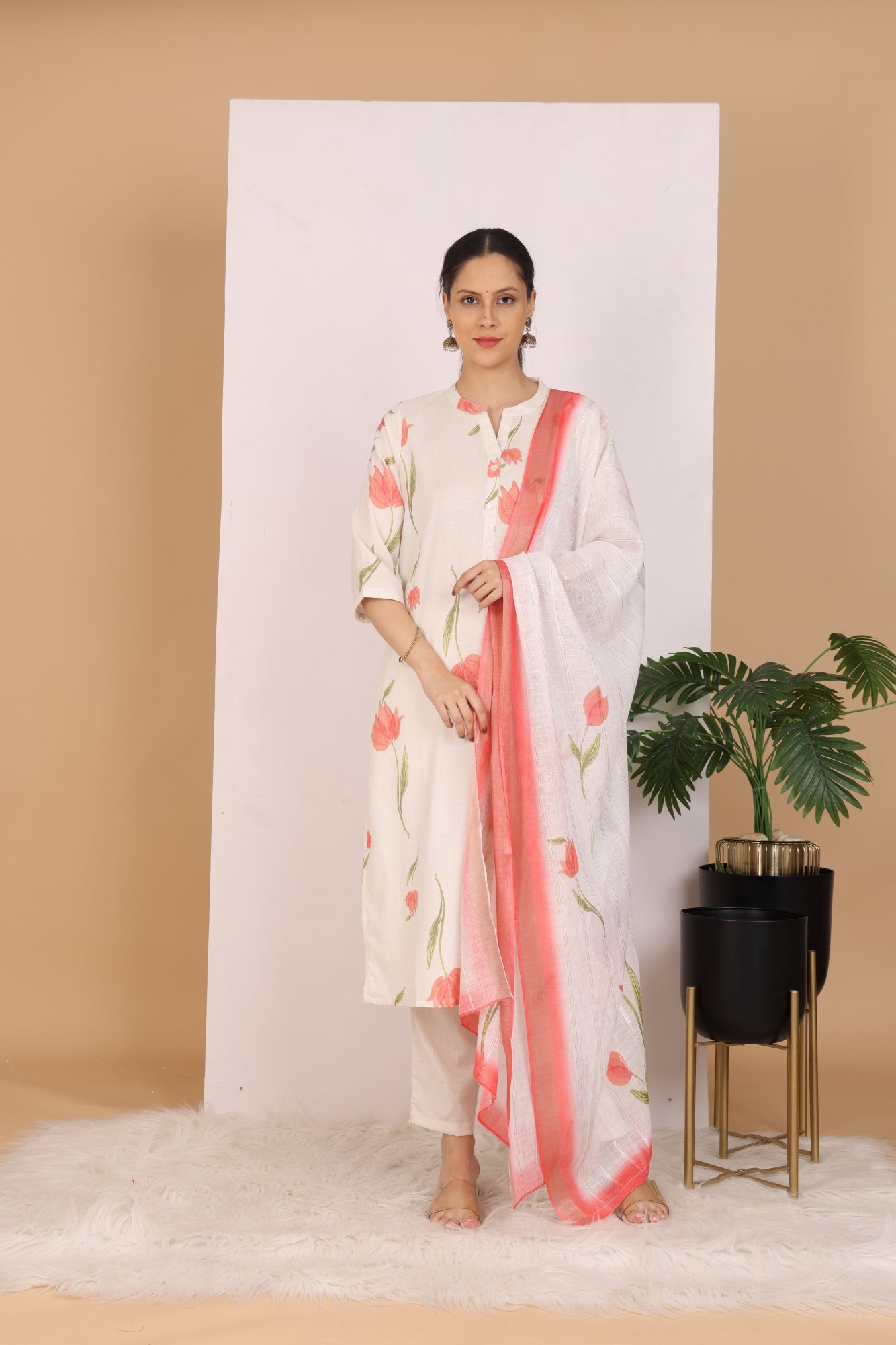 Peachy Floral Pant Set with Dupatta