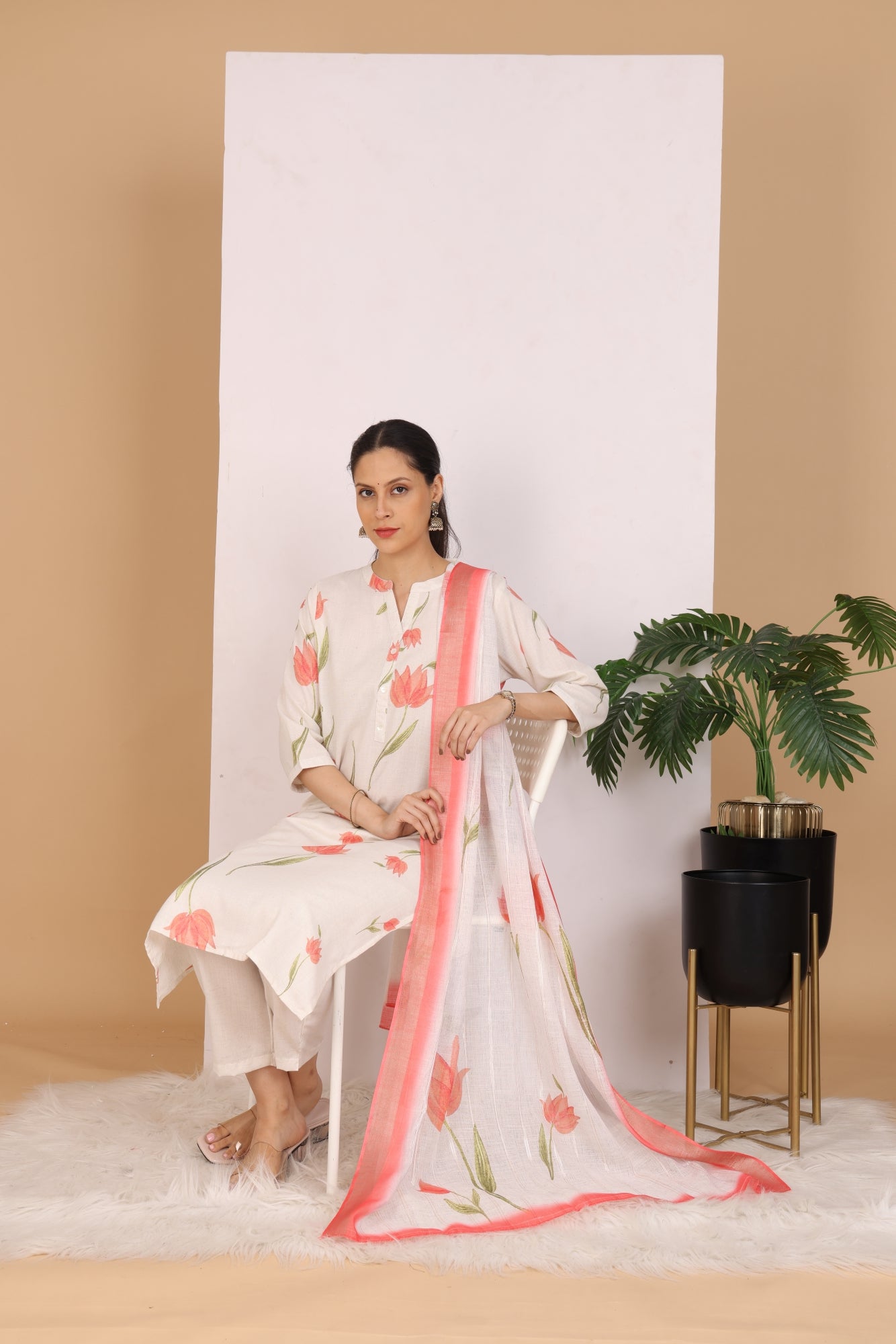 Peachy Floral Pant Set with Dupatta