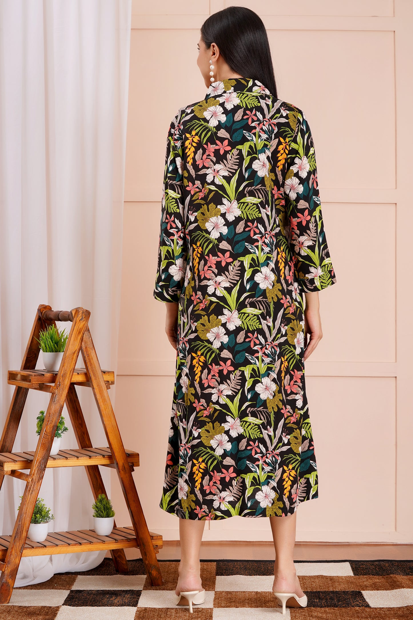 Tropical Floral A-Line Shirt Dress