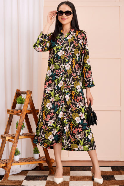 Tropical Floral A-Line Shirt Dress