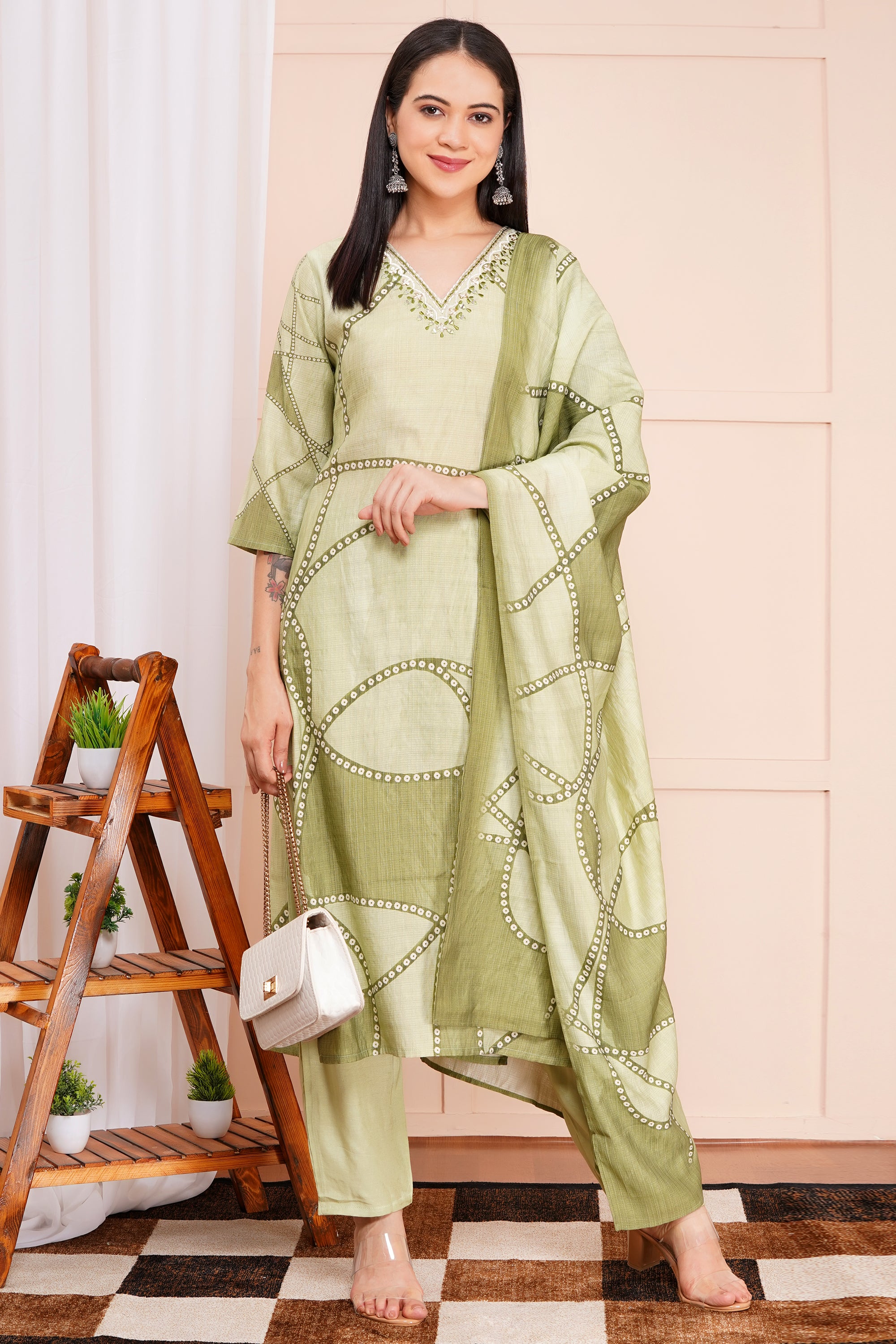 Olive Pant Set with Dupatta