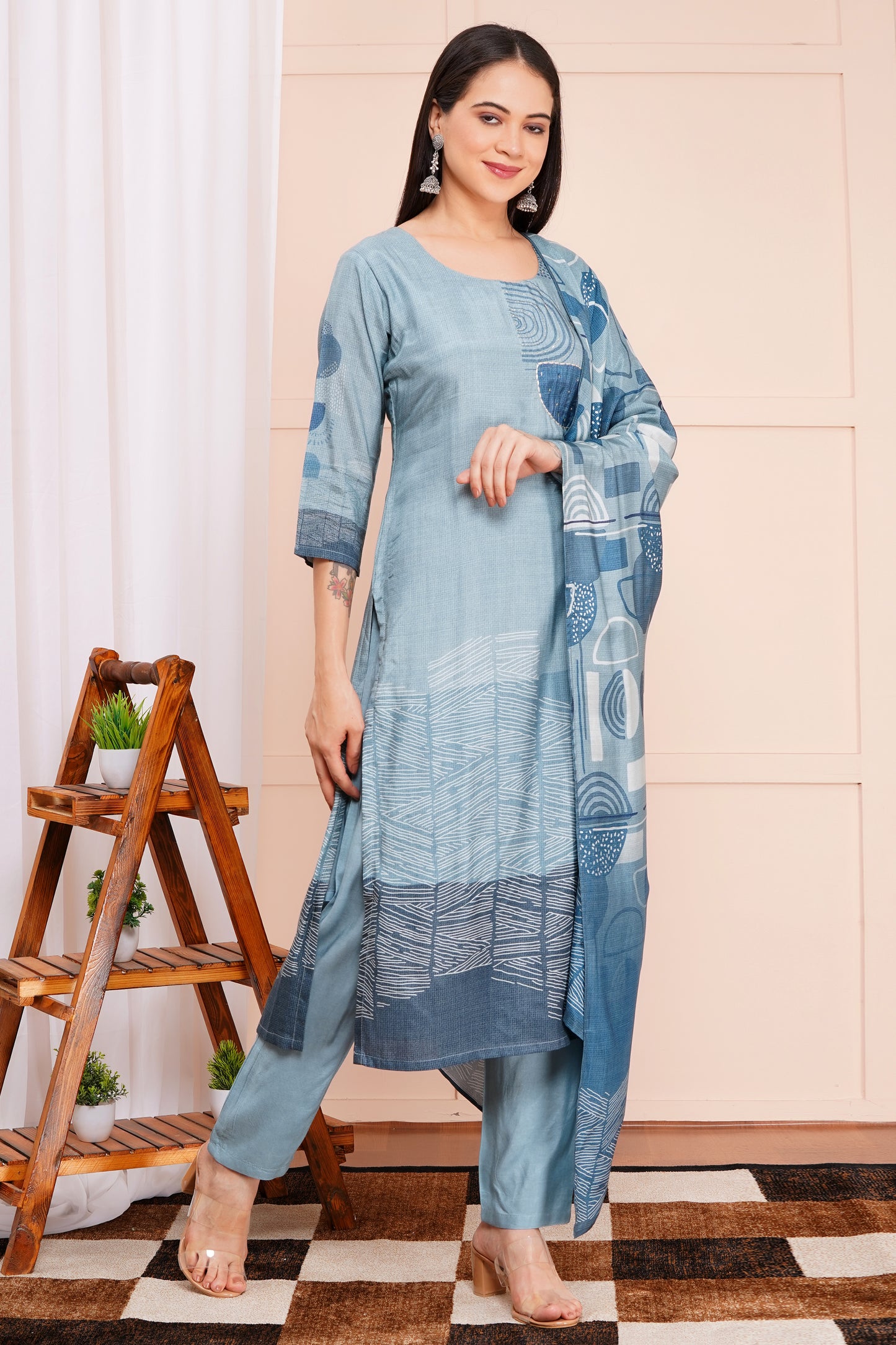 Aqua Abstract Pant Set with Dupatta