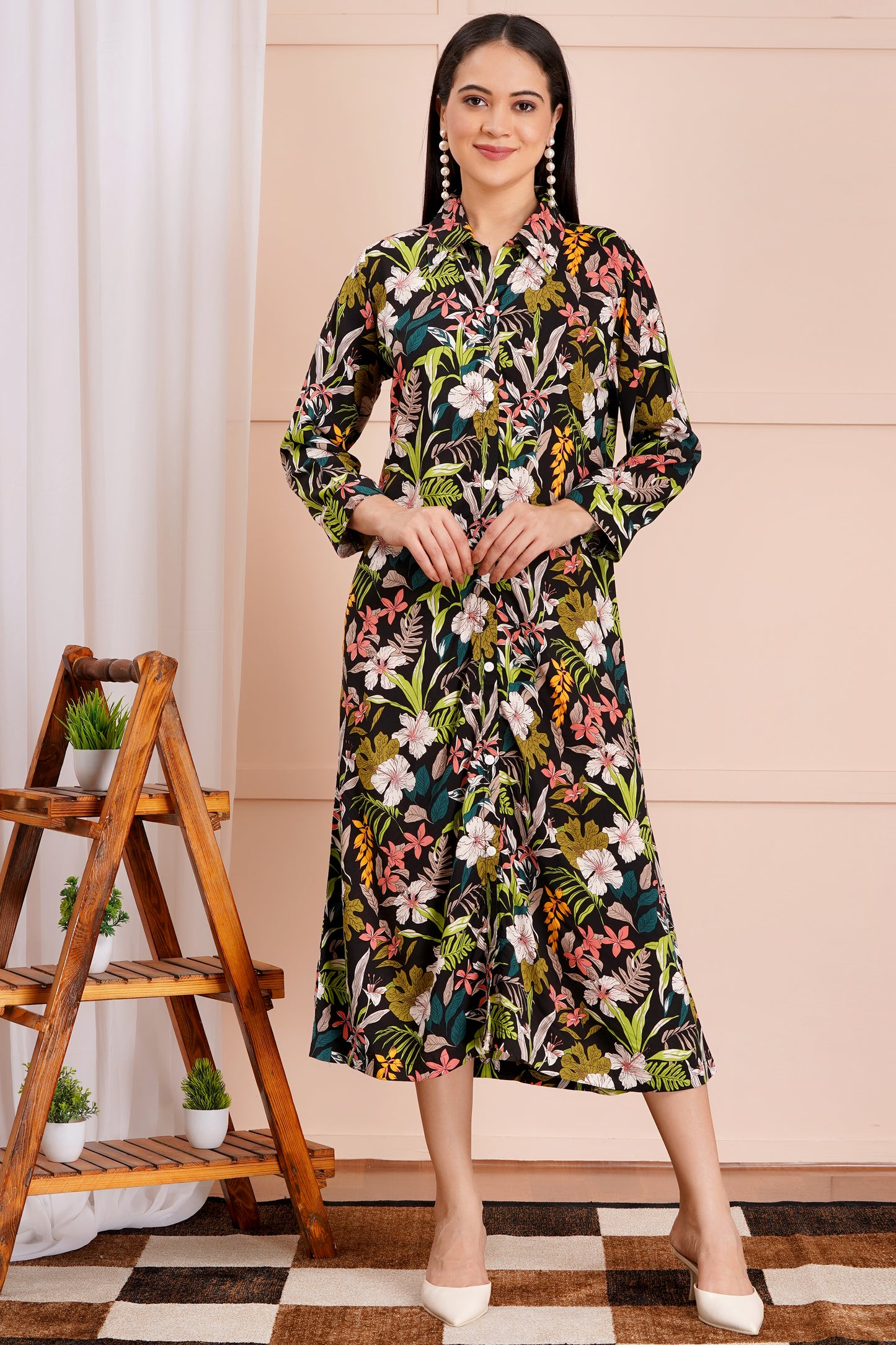 Tropical Floral A-Line Shirt Dress