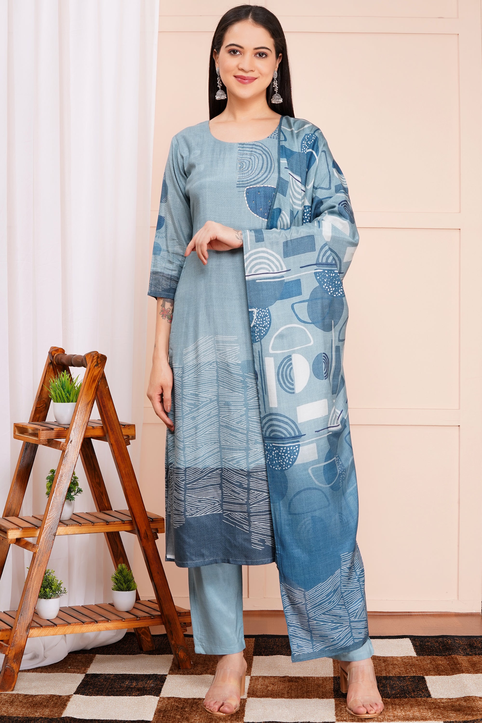 Aqua Abstract Pant Set with Dupatta