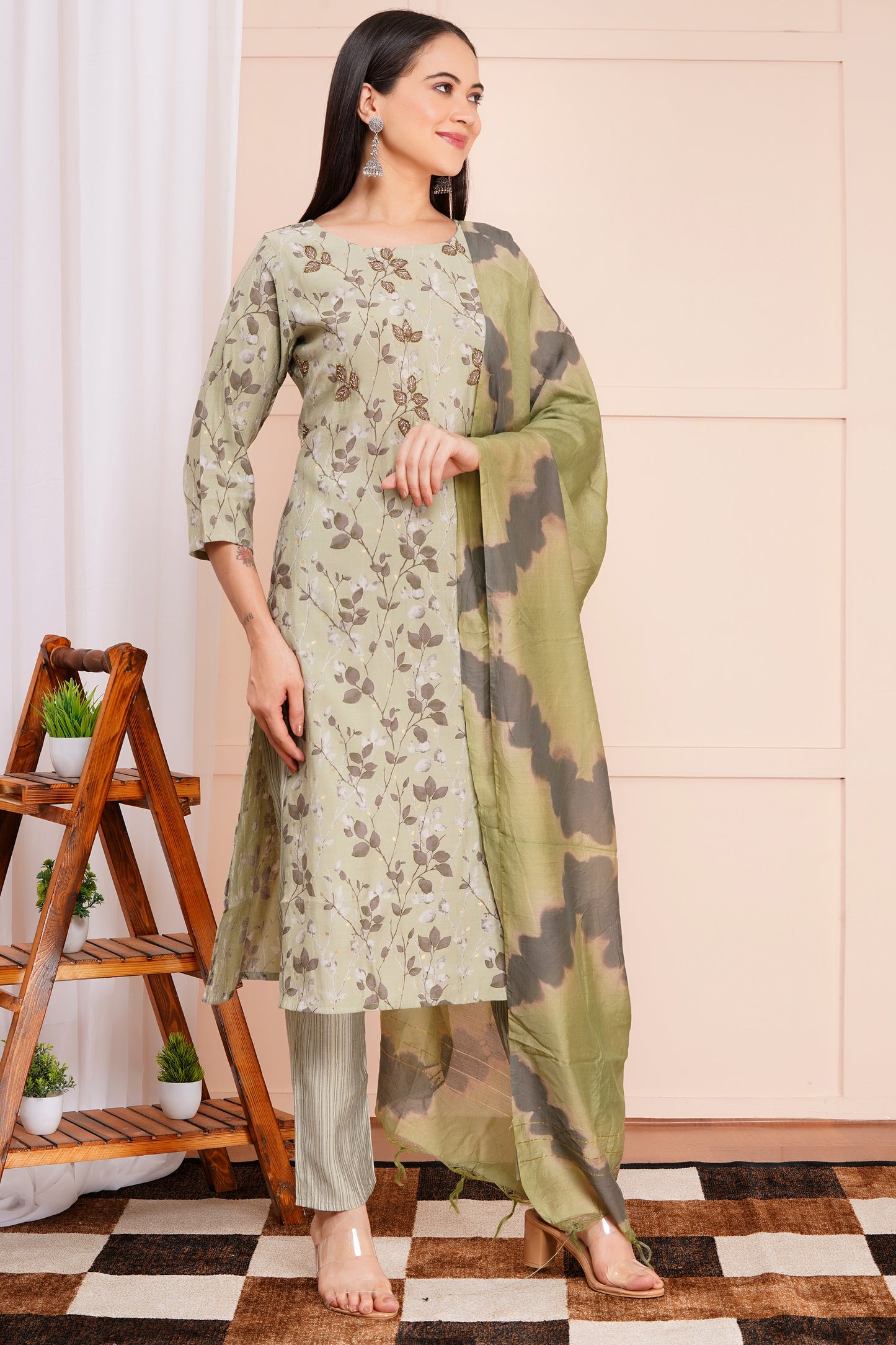 Sage Bloom Pant Set with Dupatta
