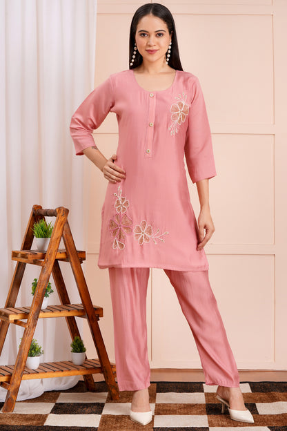Blush Blossom Embroidered Fancy Co-ord Set
