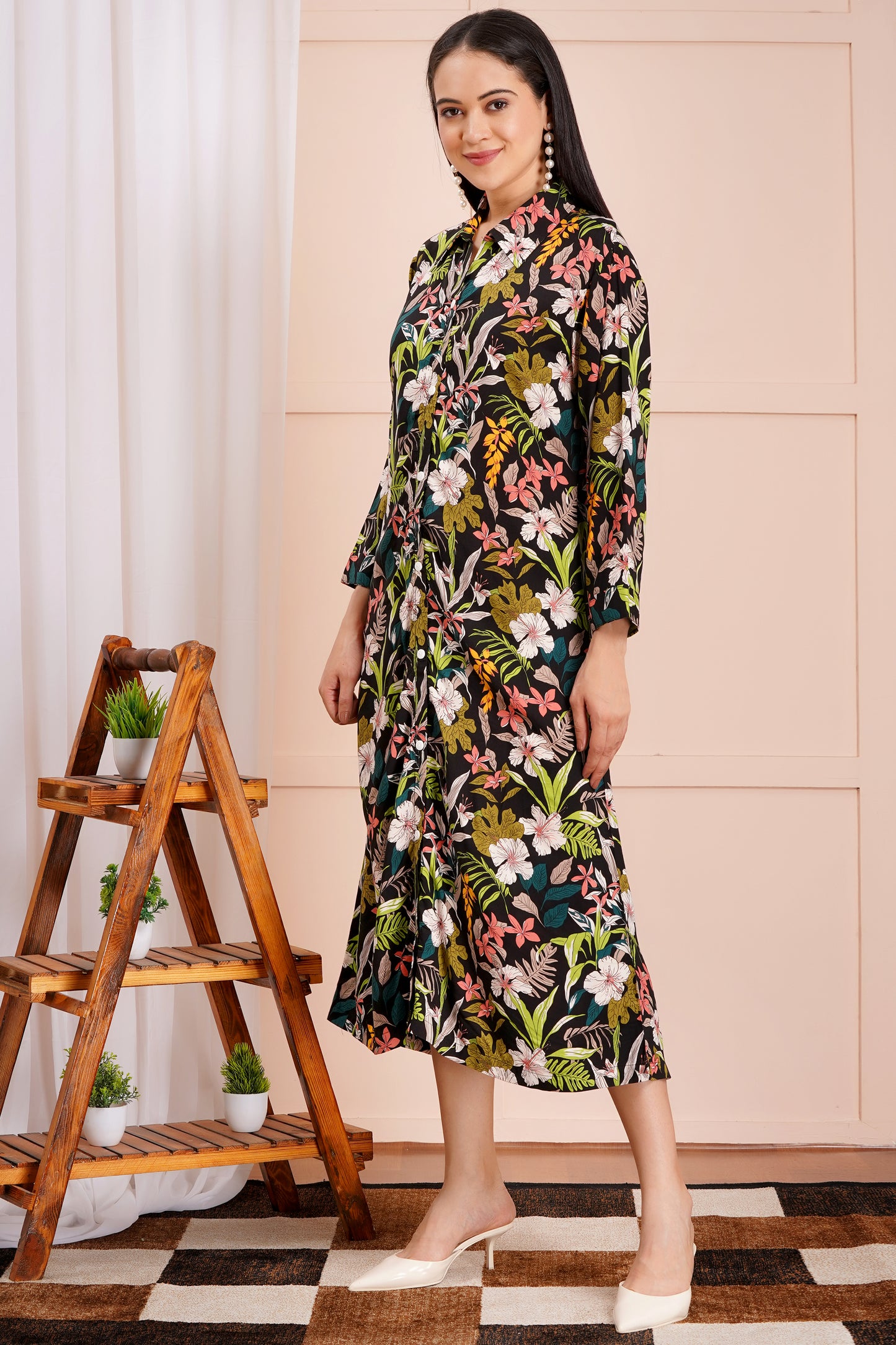 Tropical Floral A-Line Shirt Dress