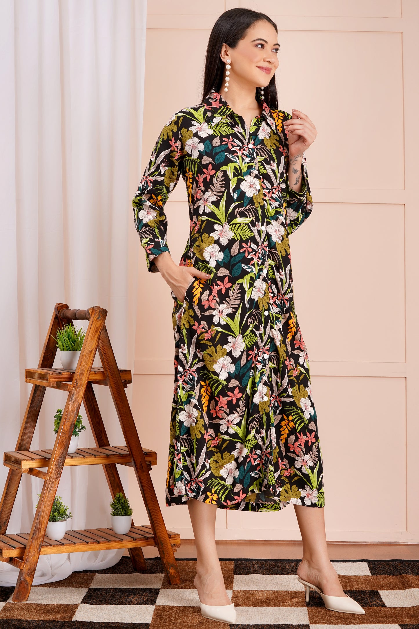 Tropical Floral A-Line Shirt Dress
