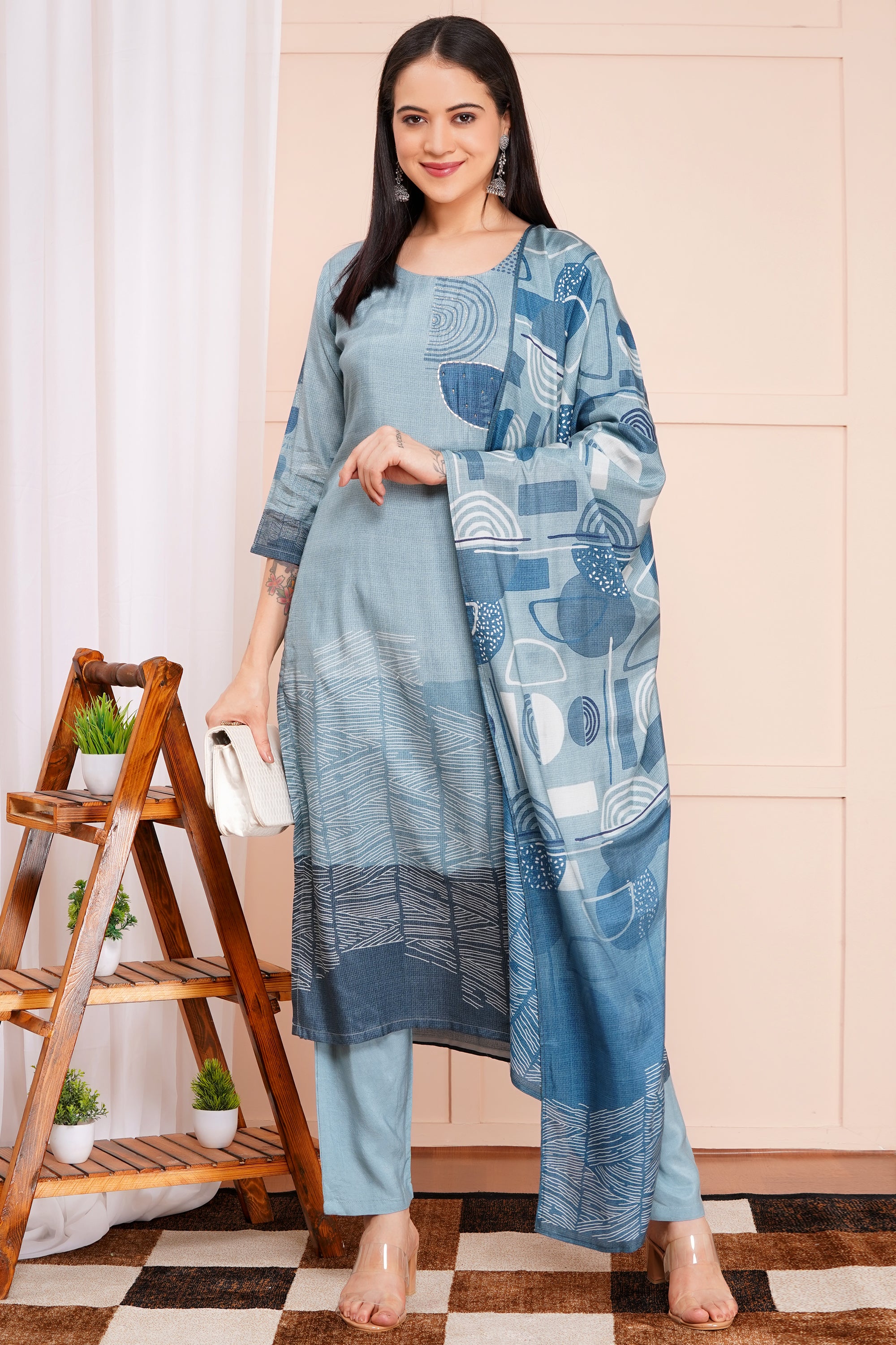 Aqua Abstract Pant Set with Dupatta