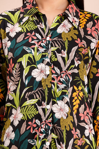 Tropical Floral A-Line Shirt Dress