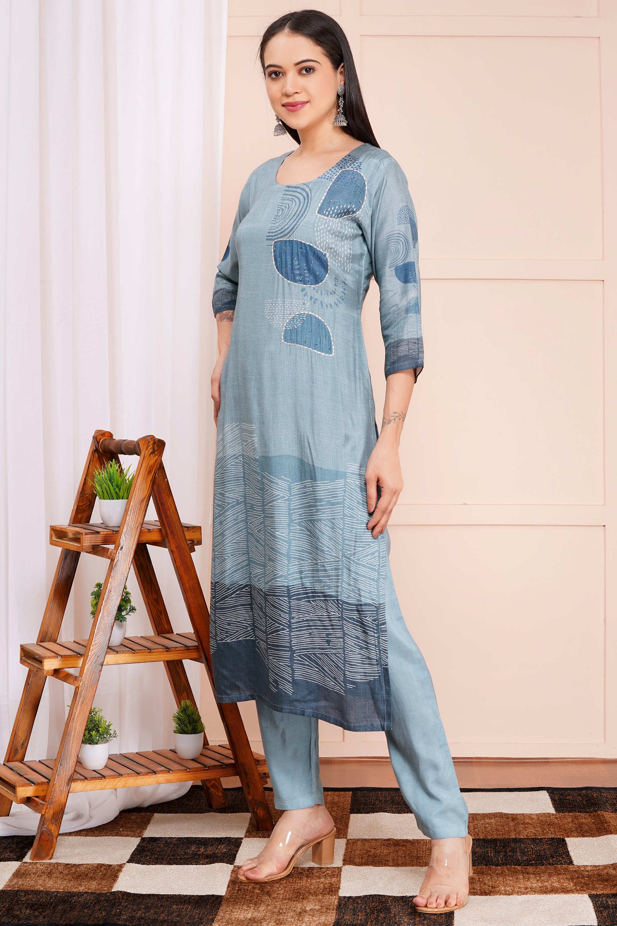Aqua Abstract Pant Set with Dupatta