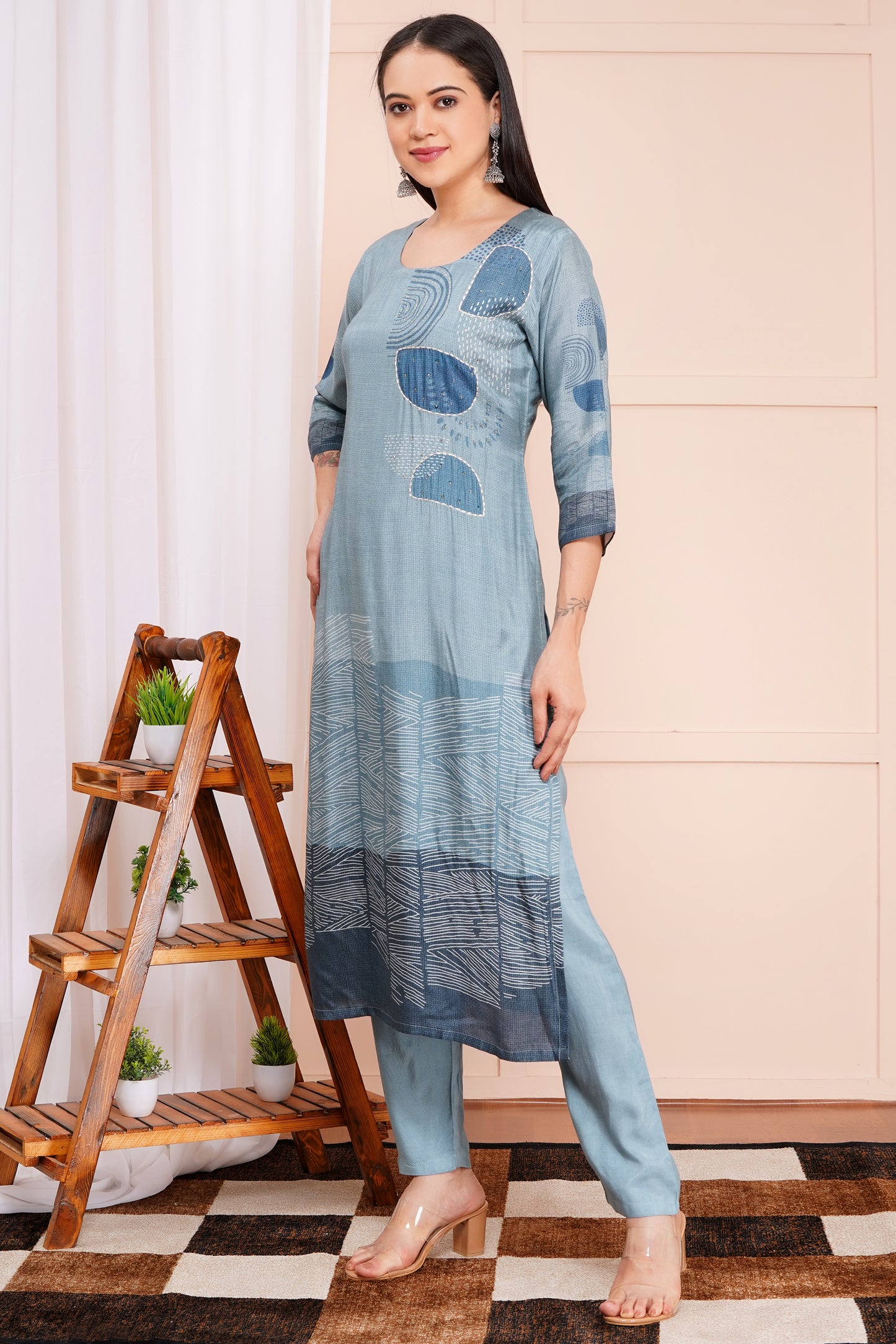 Aqua Abstract Pant Set with Dupatta