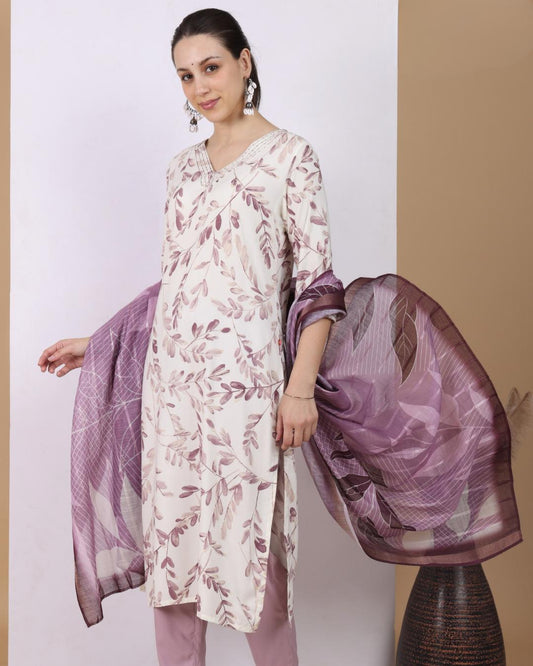 Lilac Grace Leafy Pant Set with Dupatta
