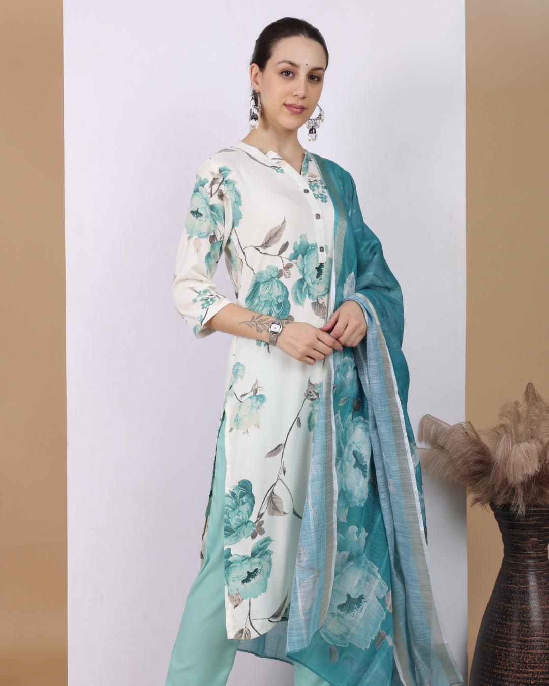 Turquoise Bloom Pant Set with Dupatta