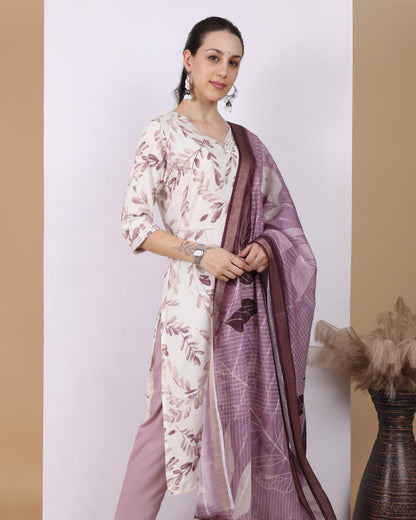 Lilac Grace Leafy Pant Set with Dupatta