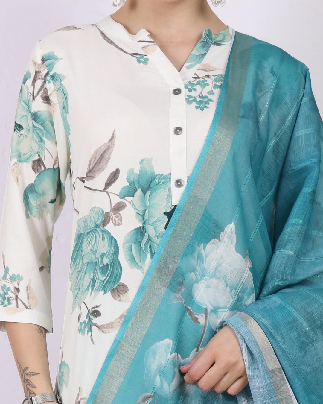 Turquoise Bloom Pant Set with Dupatta