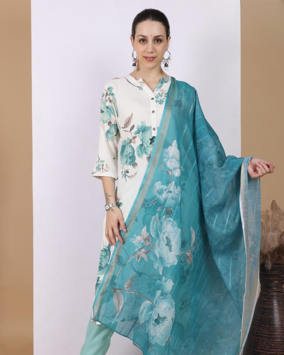 Turquoise Bloom Pant Set with Dupatta
