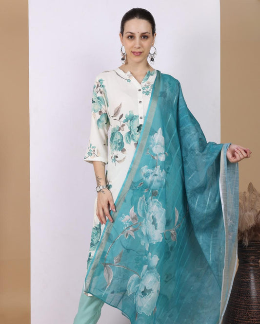 Turquoise Bloom Pant Set with Dupatta