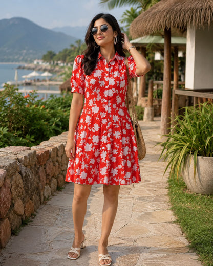 Tangerine Floral Short Midi Dress
