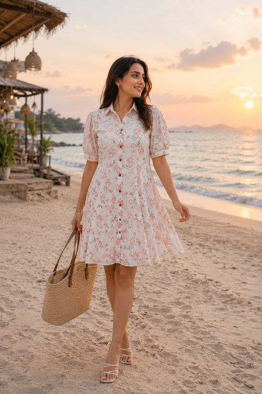 Rosé Bloom Short Midi Dress