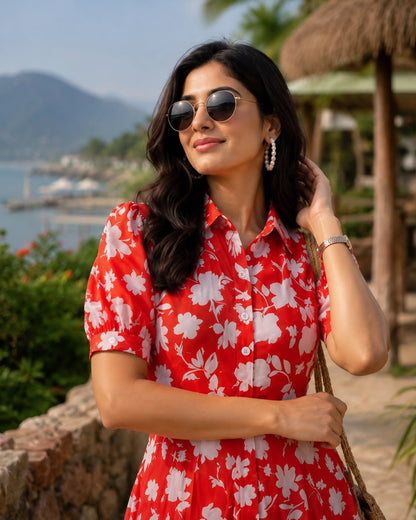 Tangerine Floral Short Midi Dress