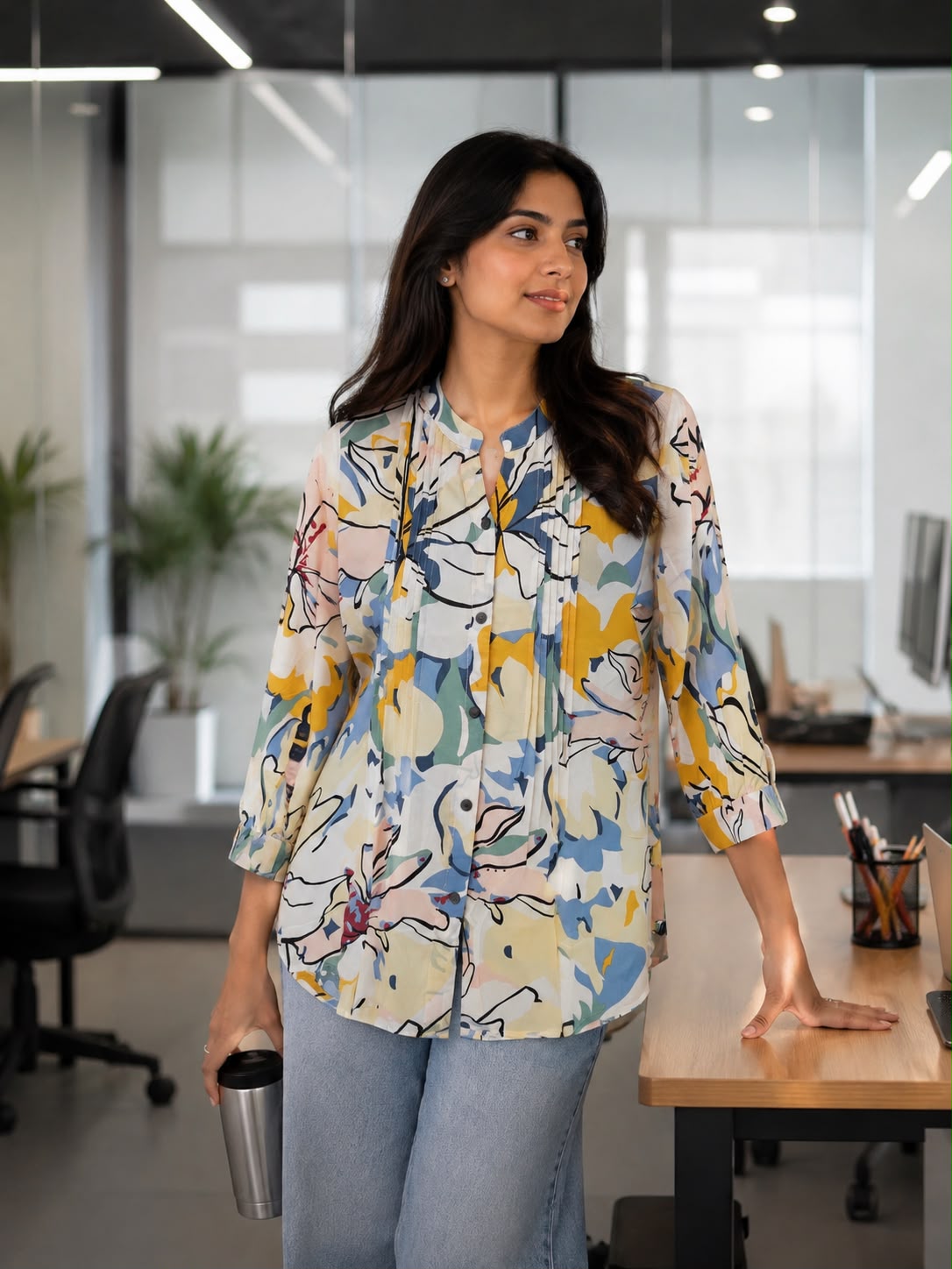 Harmony Print Pintucks Top
