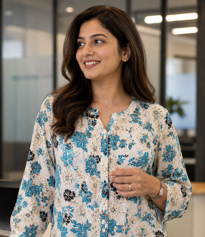 Indigo Floral Pintucks Top