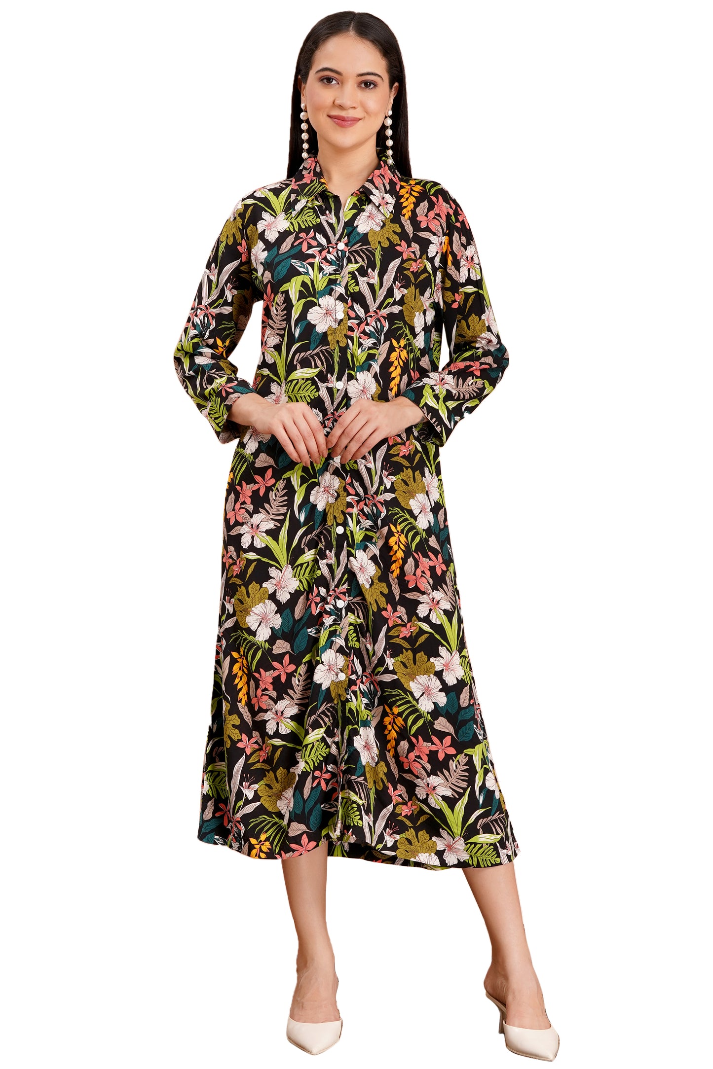 Tropical Floral A-Line Shirt Dress