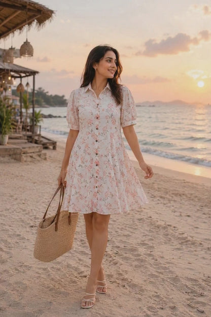 Rosé Bloom Short Midi Dress