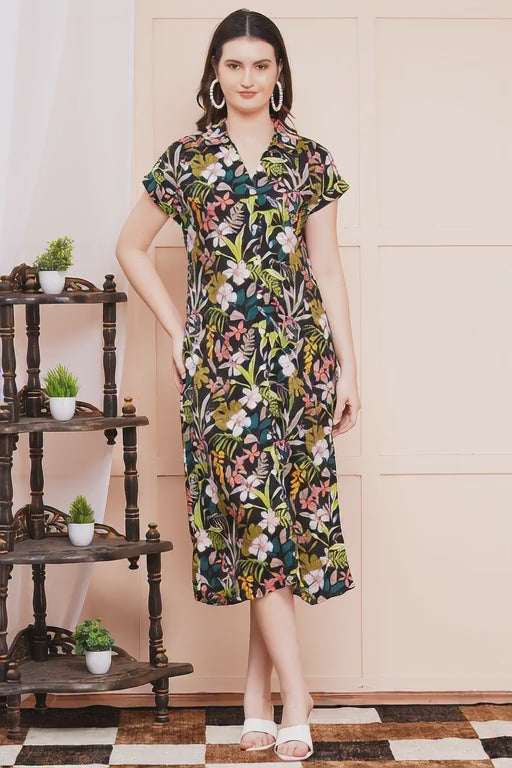Tropical Floral A-Line Shirt Dress