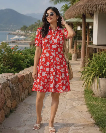 Tangerine Floral Short Midi Dress